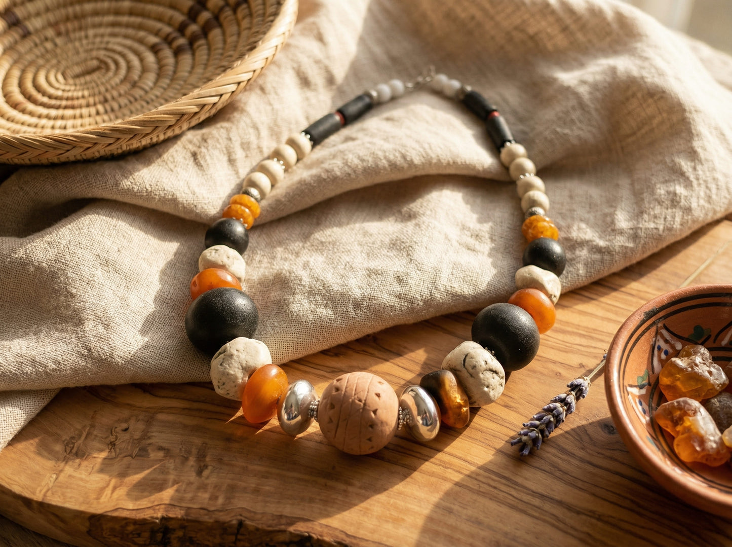 Handmade Berber Necklace – Traditional Moroccan Jewelry with Natural Clay and Stone Beads