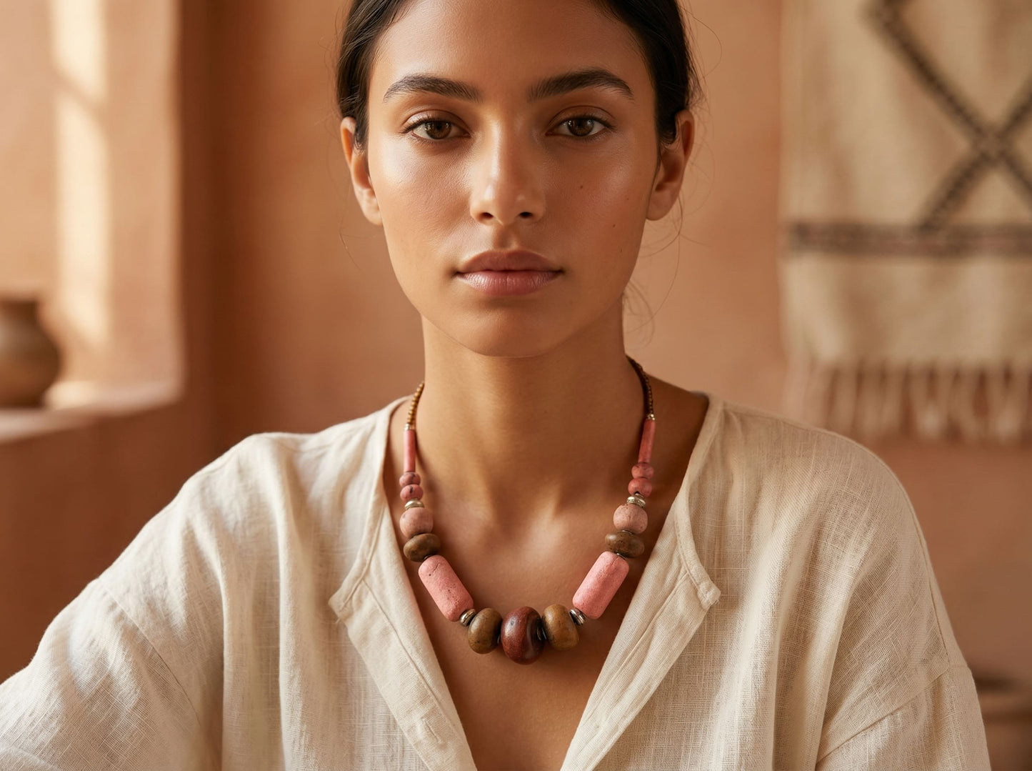 Blush Pink Berber Necklace with Natural Artisan Beads