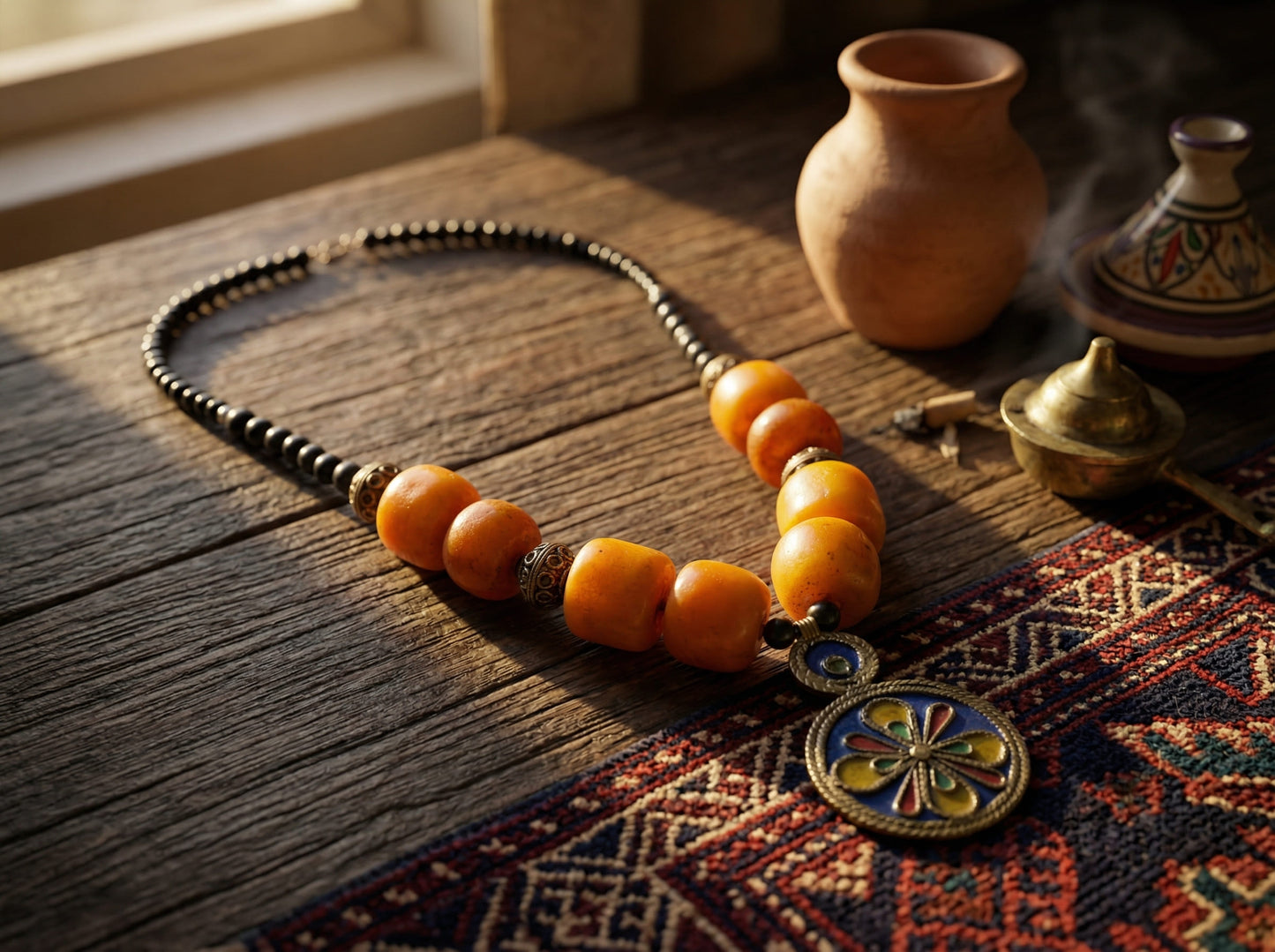 Berber Pendant Necklace with Orange Beads and Enamel Medallion