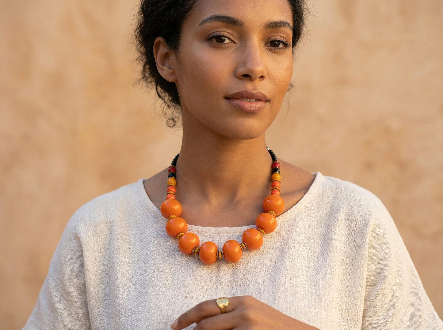 Bold Orange Berber Statement Necklace with Artisan Beads