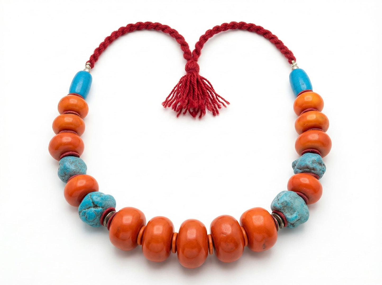 Turquoise and Orange Berber Necklace with Braided Cord