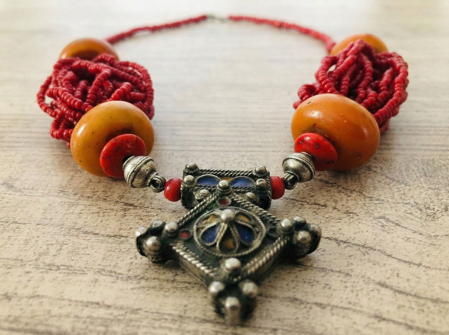 Handmade Berber Necklace with Red Beads and Tuareg Traditional – Tribal Amazigh Jewelry - Vintage Necklace
