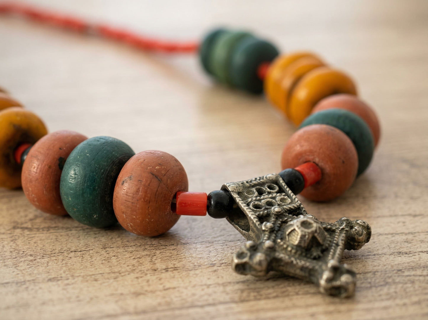 Handmade Berber Necklace – Moroccan Tribal Jewelry with Colorful Beads and Tuareg Cross – Ethnic Boho Statement Piece