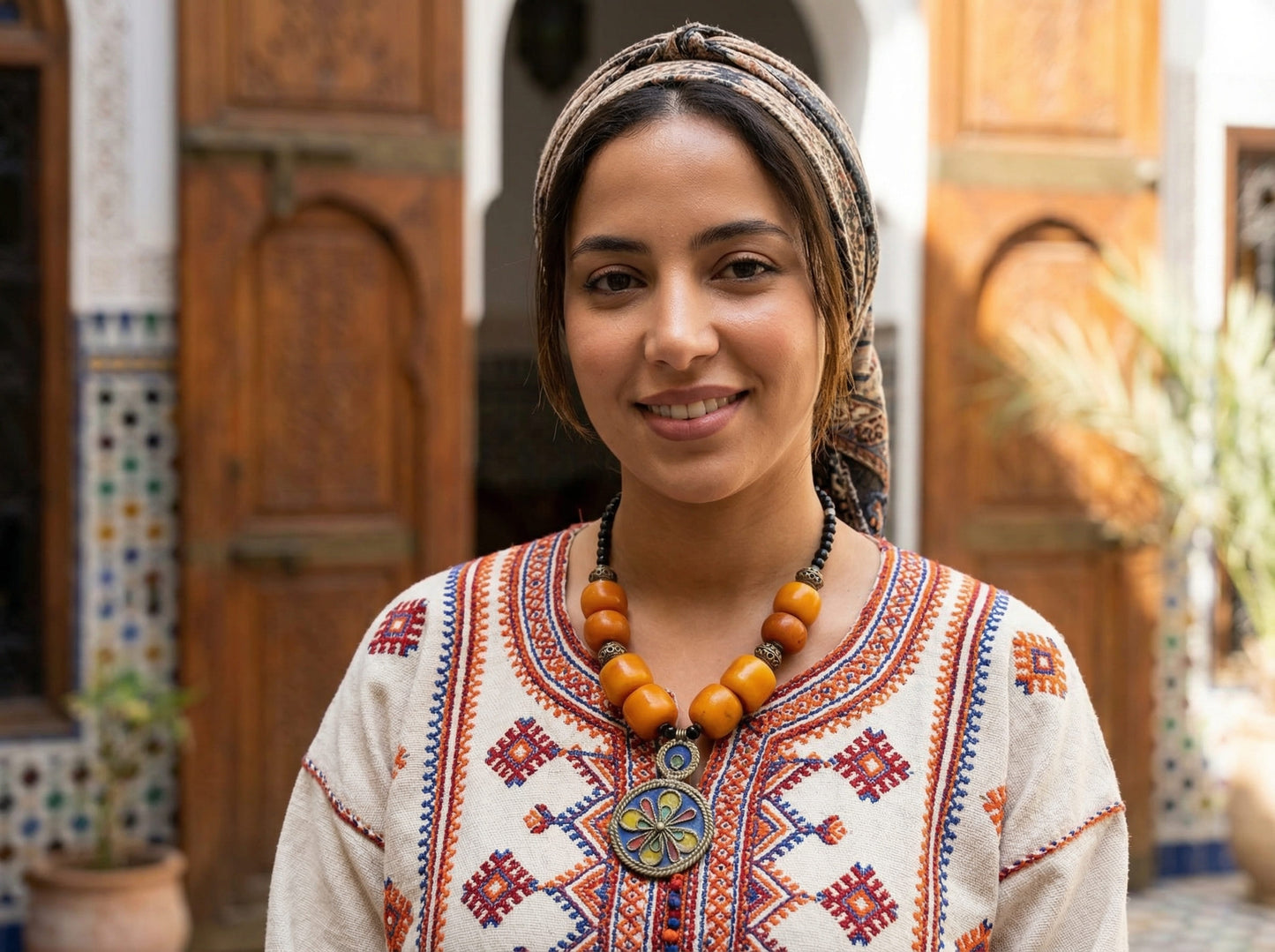 Berber Pendant Necklace with Orange Beads and Enamel Medallion