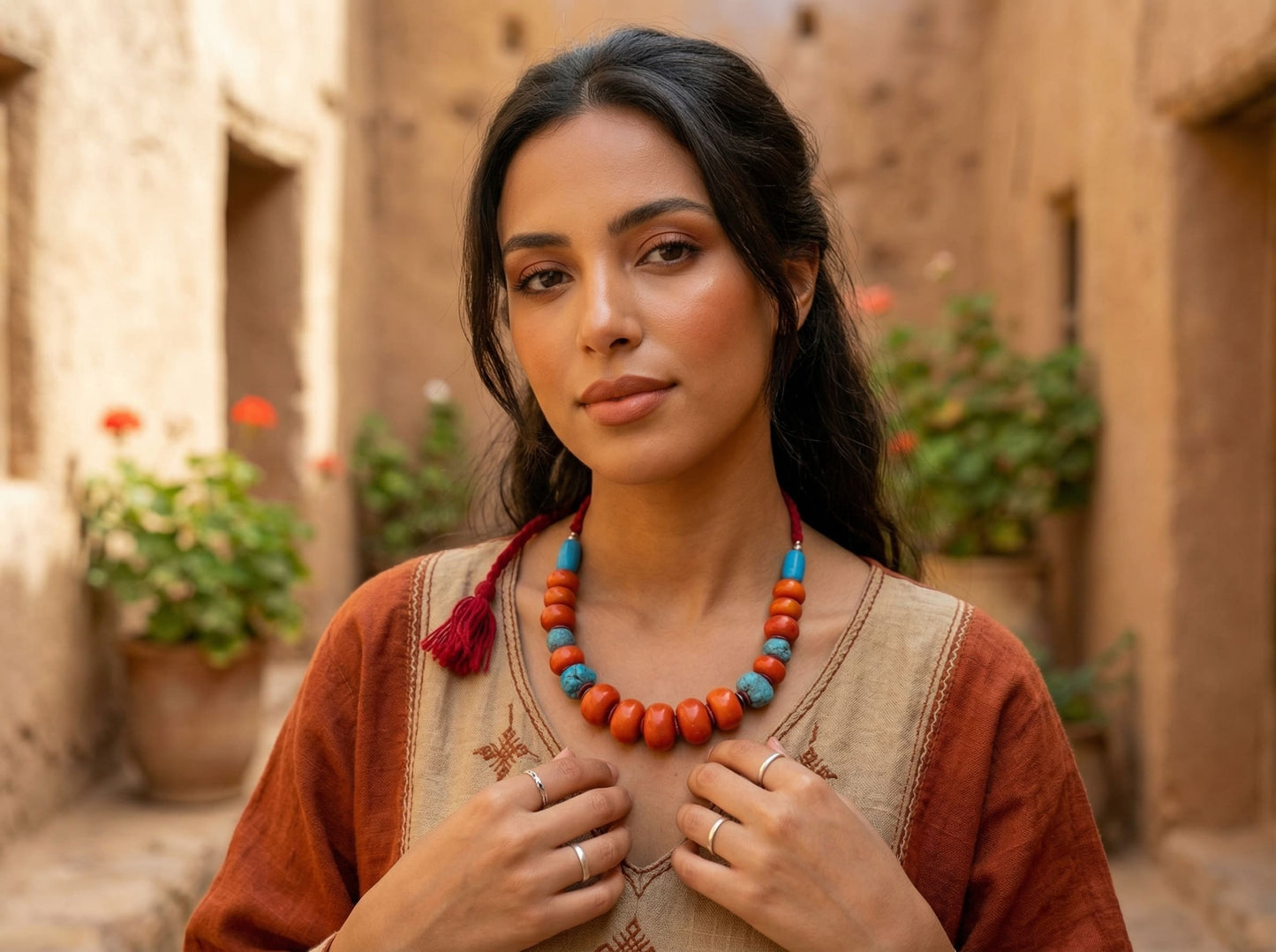 Turquoise and Orange Berber Necklace with Braided Cord