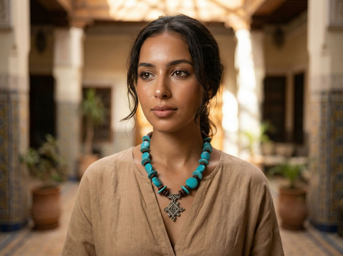 Handmade Berber necklace – Moroccan tribal jewelry with turquoise stones and vintage pendant – Bohemian necklace