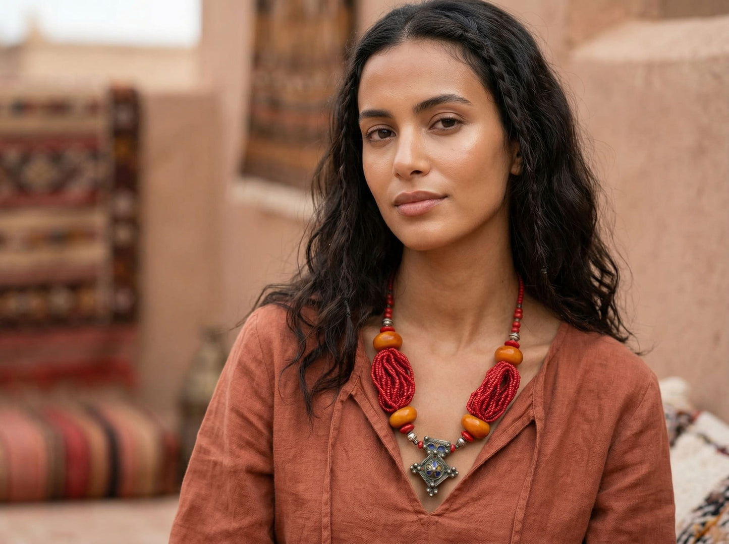 Handmade Berber Necklace with Red Beads and Tuareg Traditional – Tribal Amazigh Jewelry - Vintage Necklace