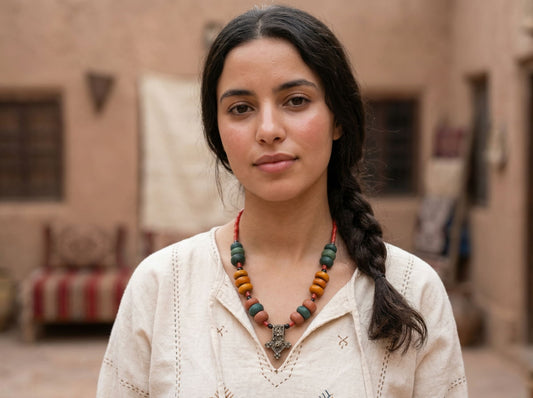 Handmade Berber Necklace – Moroccan Tribal Jewelry with Colorful Beads and Tuareg Cross – Ethnic Boho Statement Piece