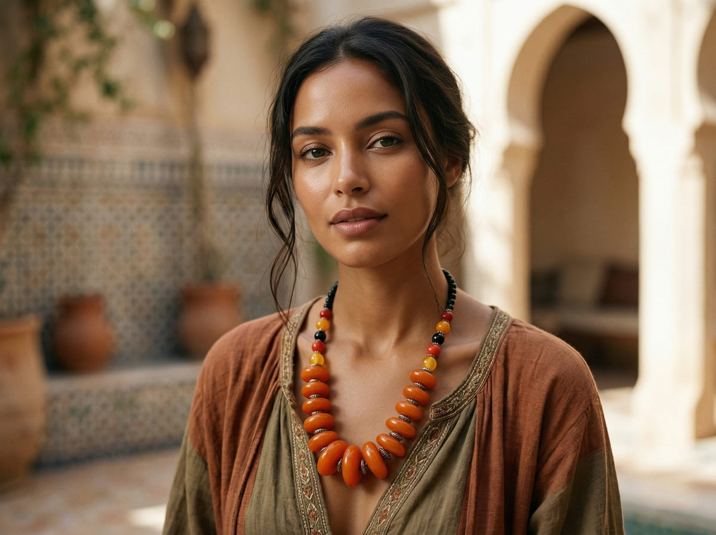 Amber Orange Berber Necklace with Silver Accents