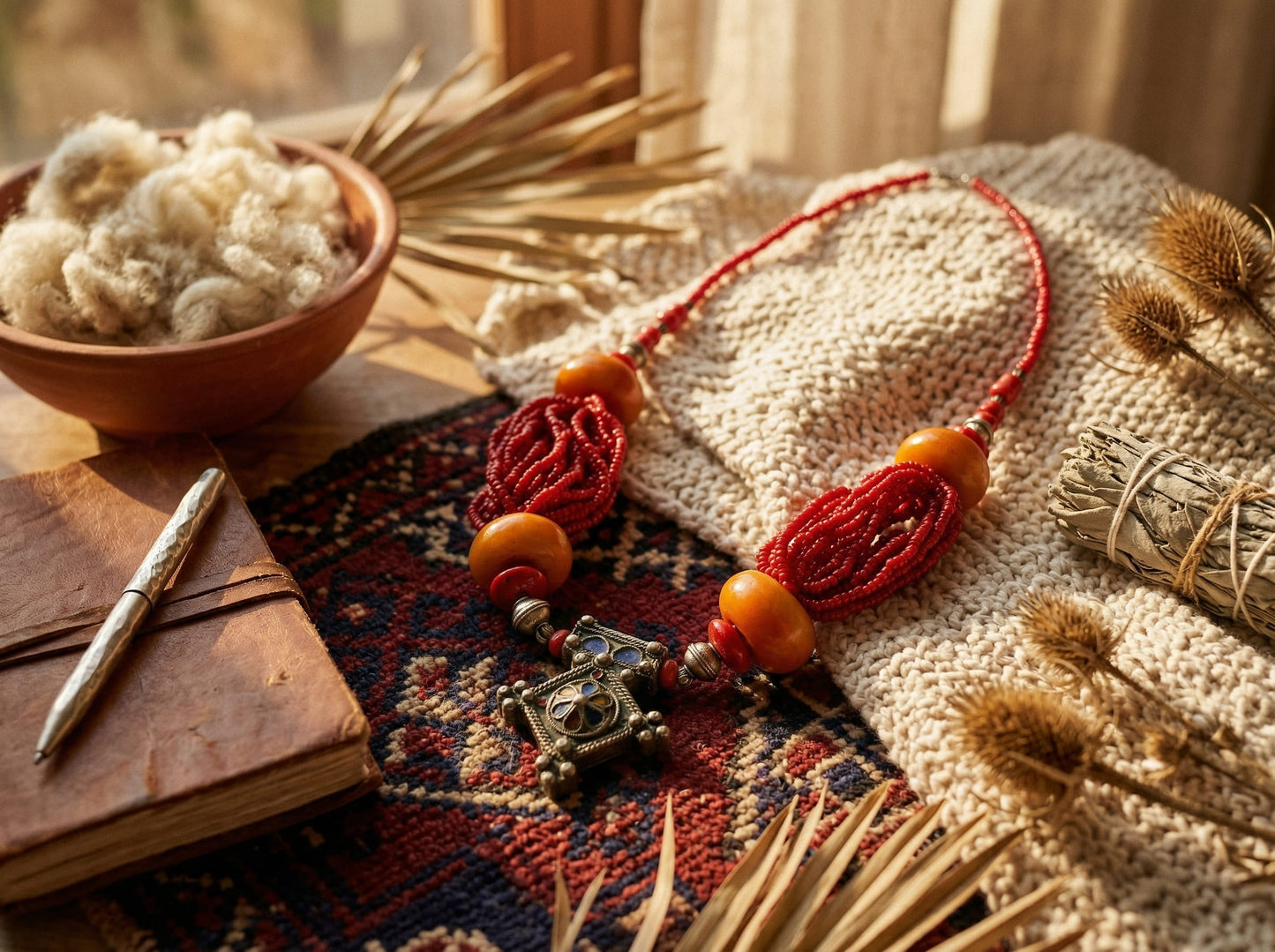 Handmade Berber Necklace with Red Beads and Tuareg Traditional – Tribal Amazigh Jewelry - Vintage Necklace