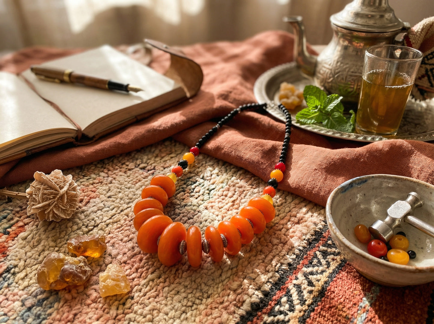 Amber Orange Berber Necklace with Silver Accents