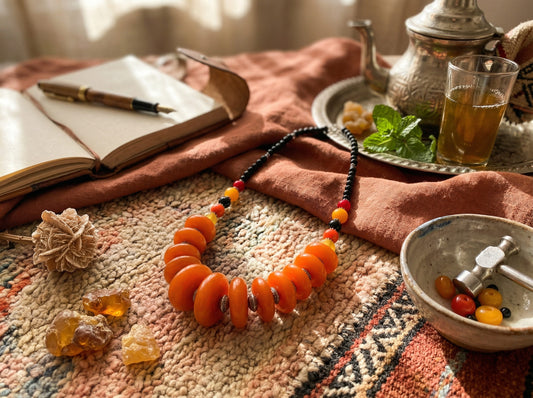 Amber Orange Berber Necklace with Silver Accents