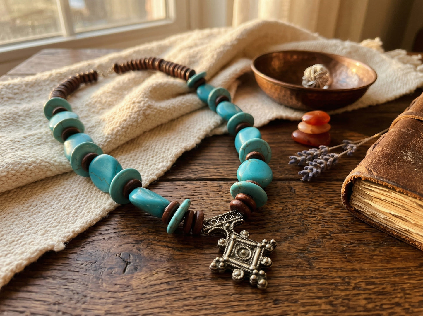 Handmade Berber necklace – Moroccan tribal jewelry with turquoise stones and vintage pendant – Bohemian necklace