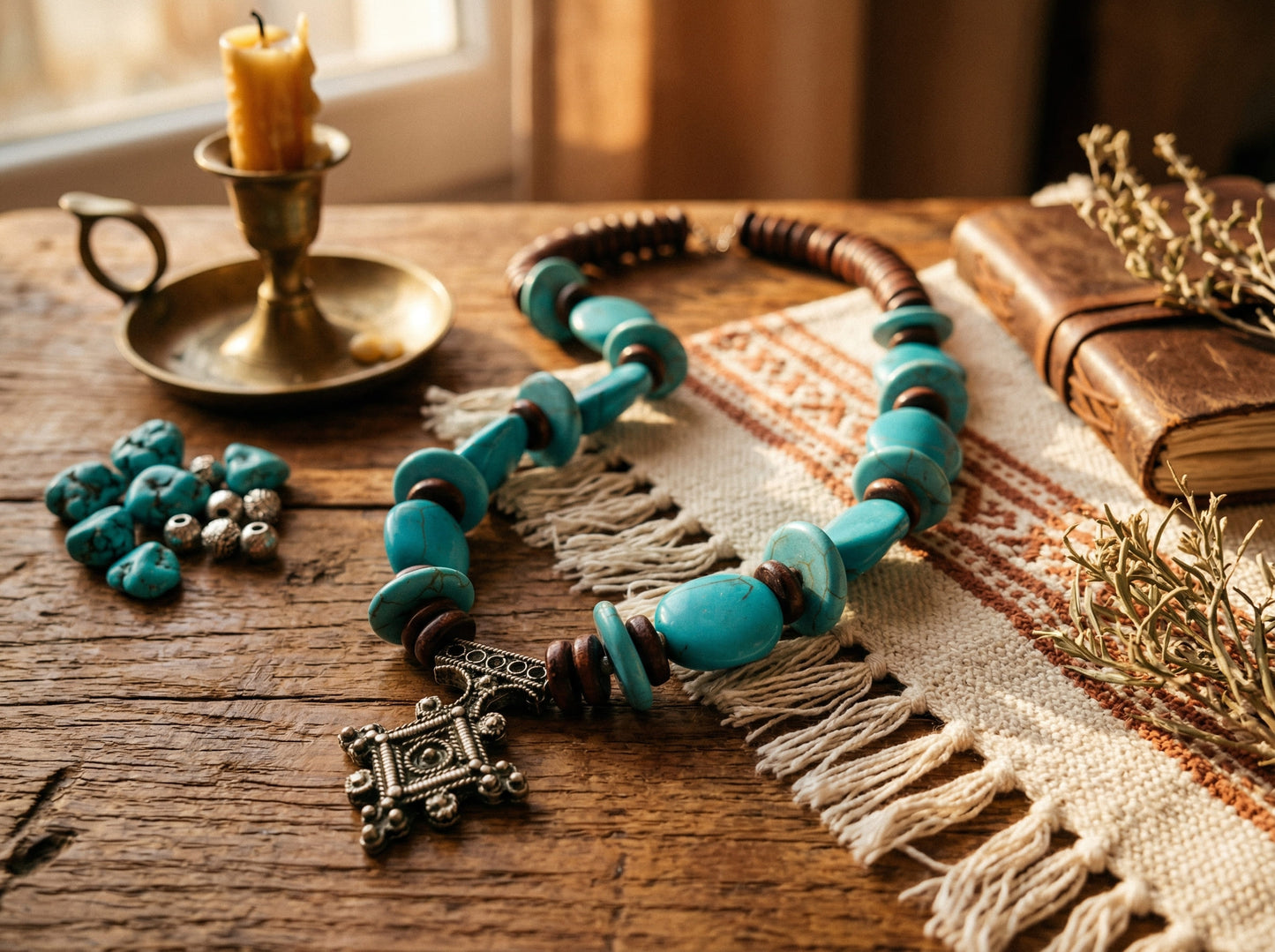 Handmade Berber necklace – Moroccan tribal jewelry with turquoise stones and vintage pendant – Bohemian necklace