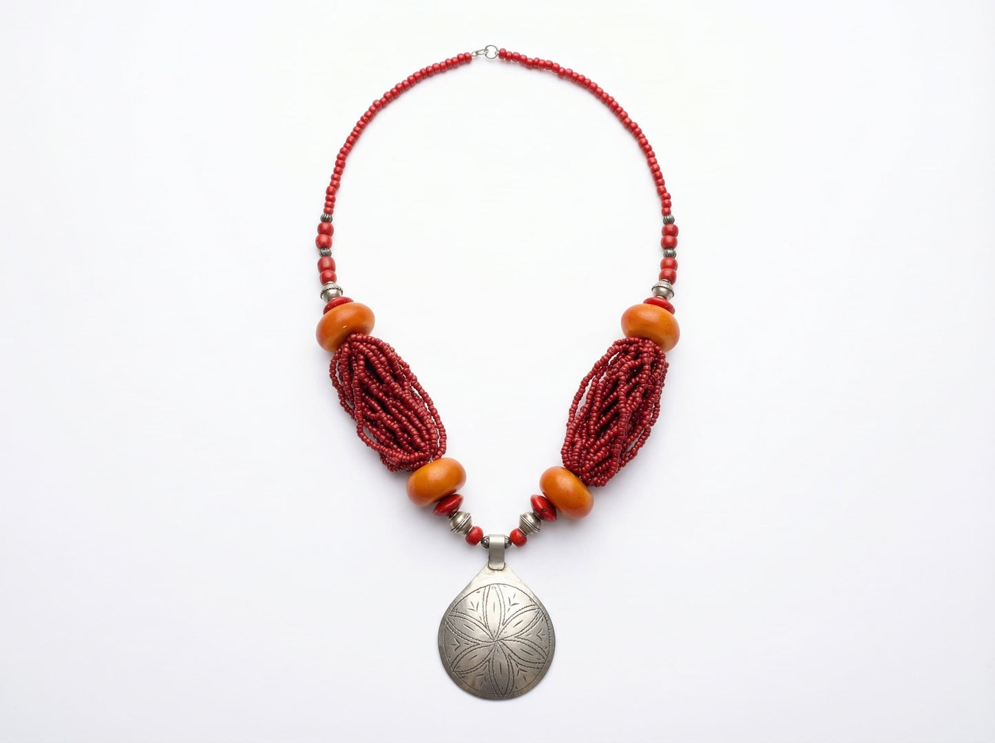 Berber Statement Necklace – Handmade Moroccan Beaded Jewelry with Silver Pendant – Ethnic Boho Gift for Her