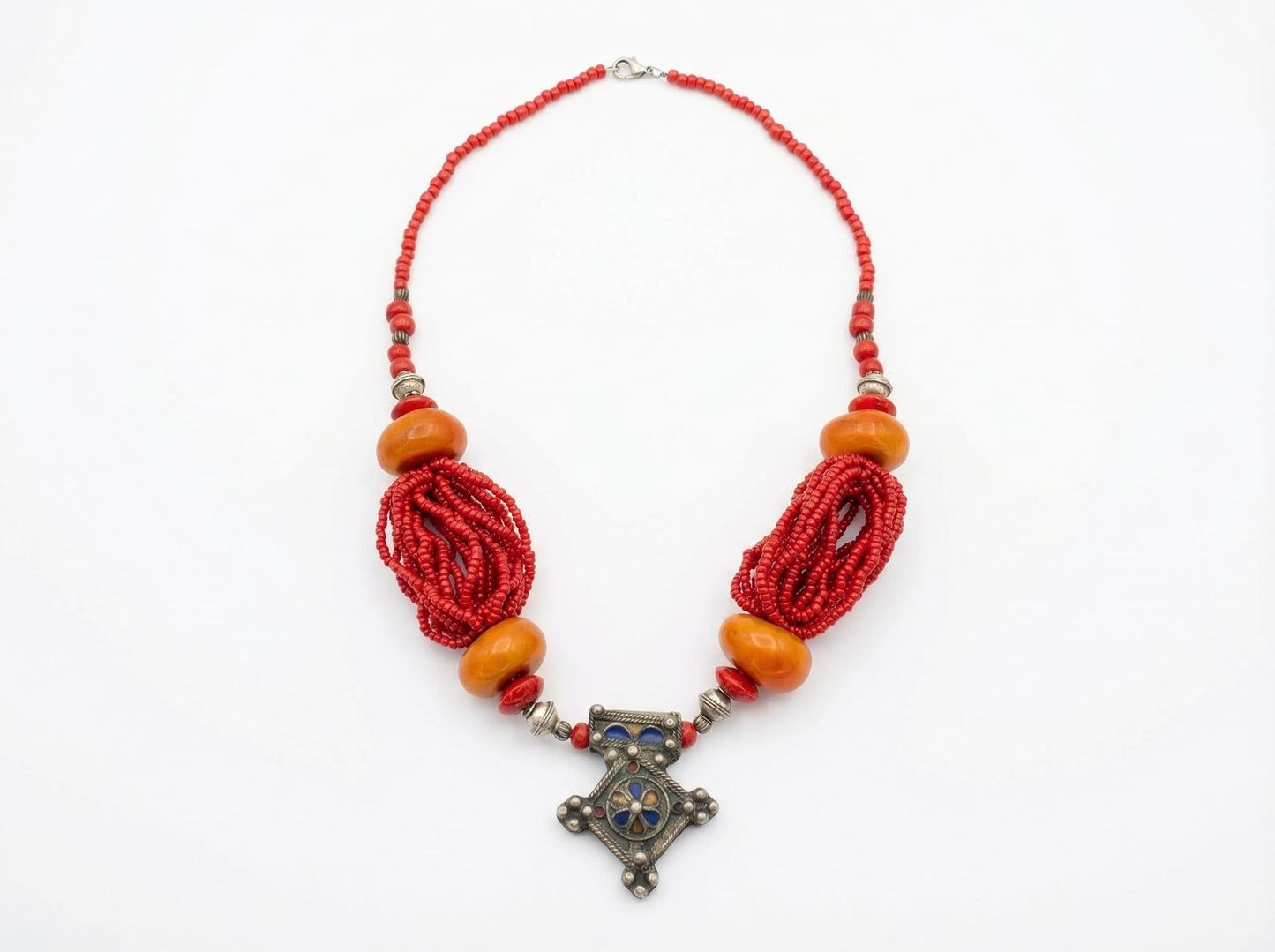 Handmade Berber Necklace with Red Beads and Tuareg Traditional – Tribal Amazigh Jewelry - Vintage Necklace