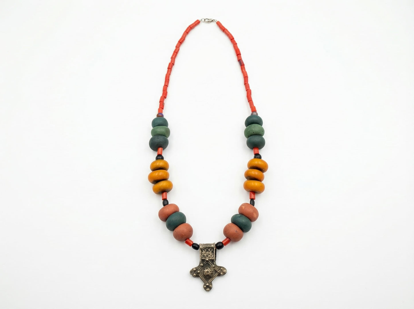 Handmade Berber Necklace – Moroccan Tribal Jewelry with Colorful Beads and Tuareg Cross – Ethnic Boho Statement Piece