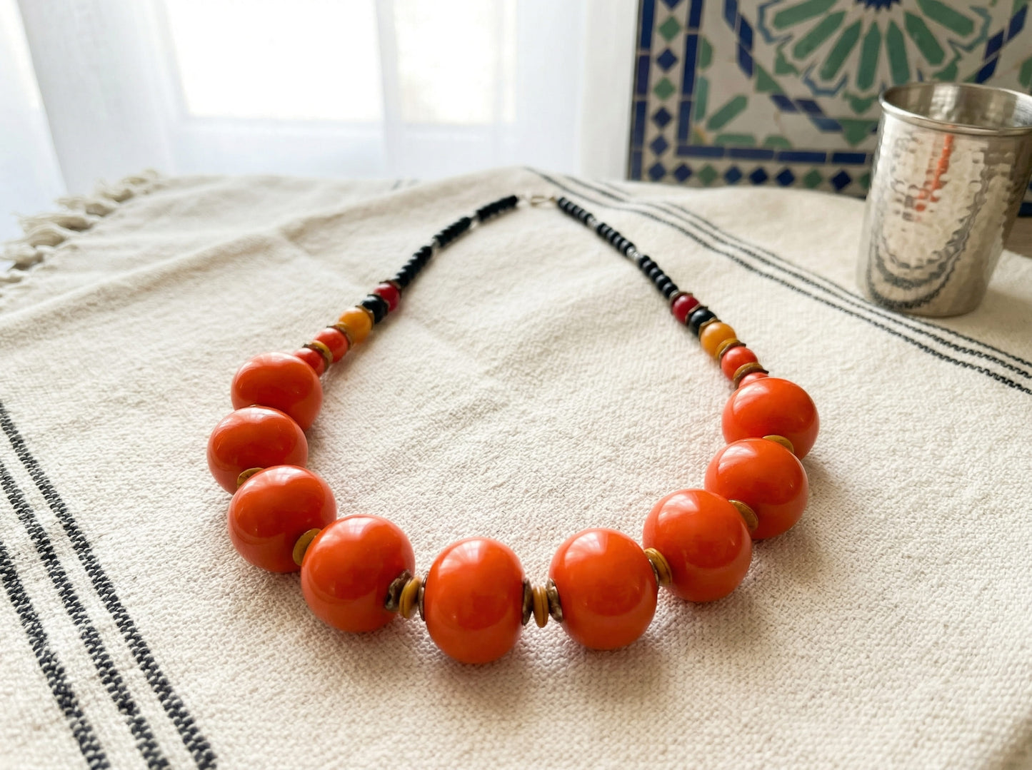 Bold Orange Berber Statement Necklace with Artisan Beads