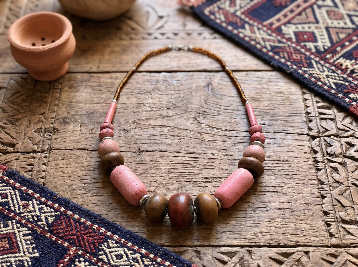 Blush Pink Berber Necklace with Natural Artisan Beads