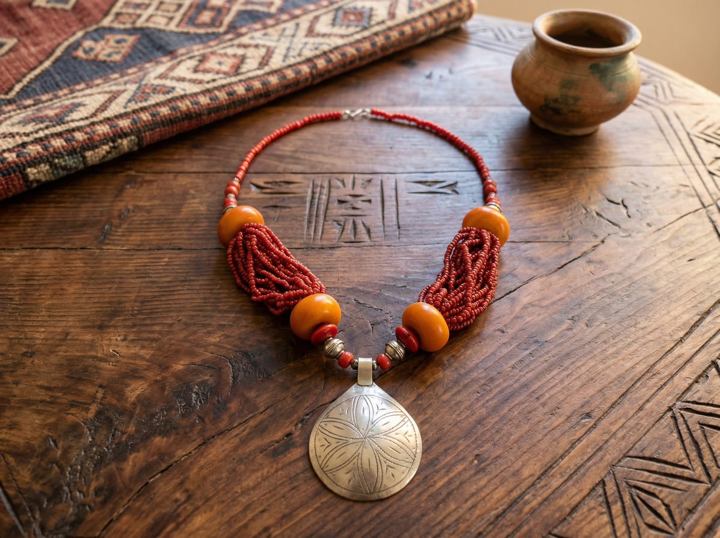 Berber Statement Necklace – Handmade Moroccan Beaded Jewelry with Silver Pendant – Ethnic Boho Gift for Her