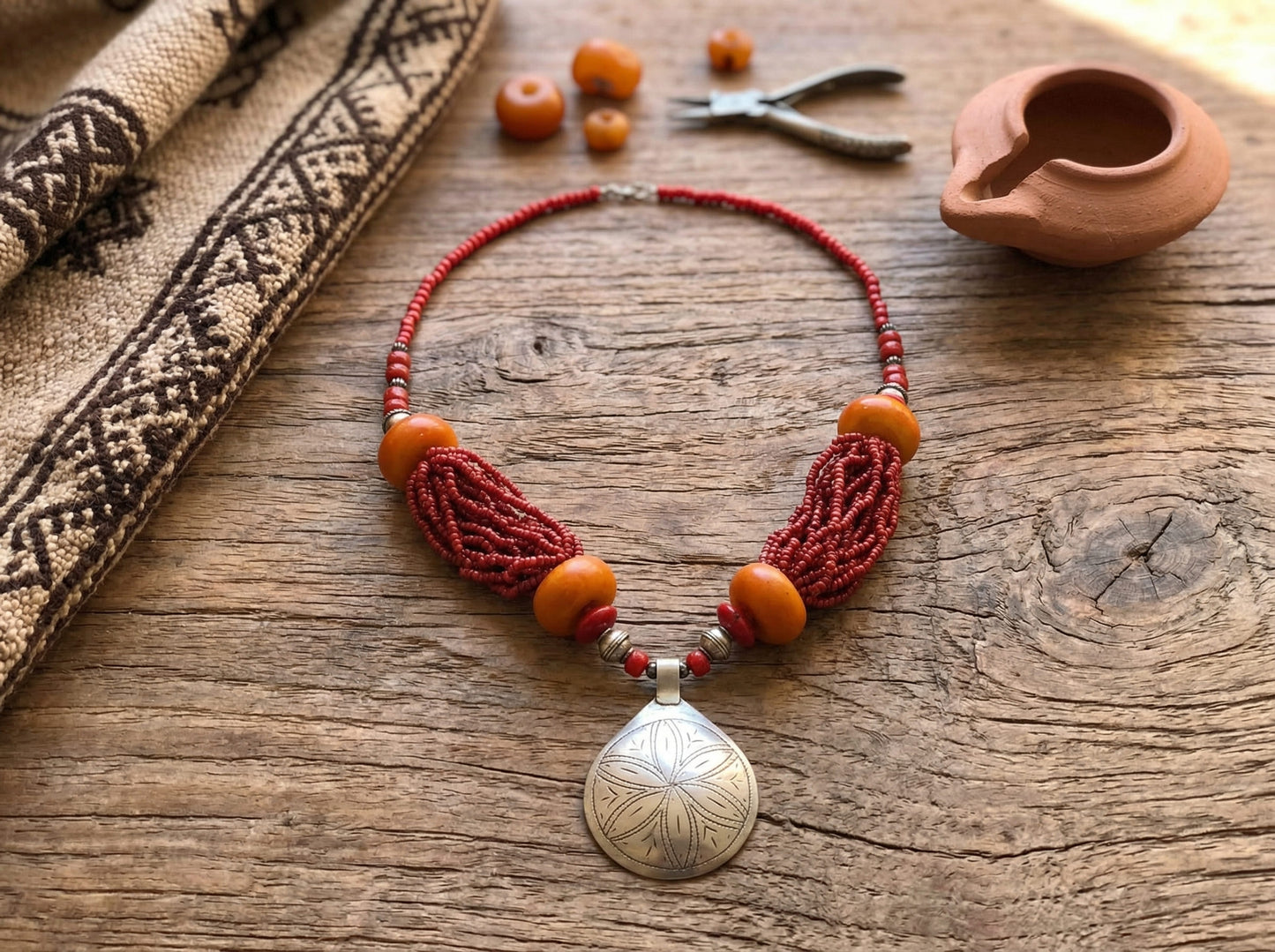 Berber Statement Necklace – Handmade Moroccan Beaded Jewelry with Silver Pendant – Ethnic Boho Gift for Her