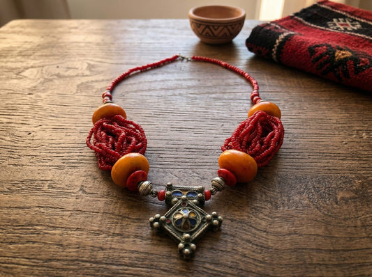 Handmade Berber Necklace with Red Beads and Tuareg Traditional – Tribal Amazigh Jewelry - Vintage Necklace