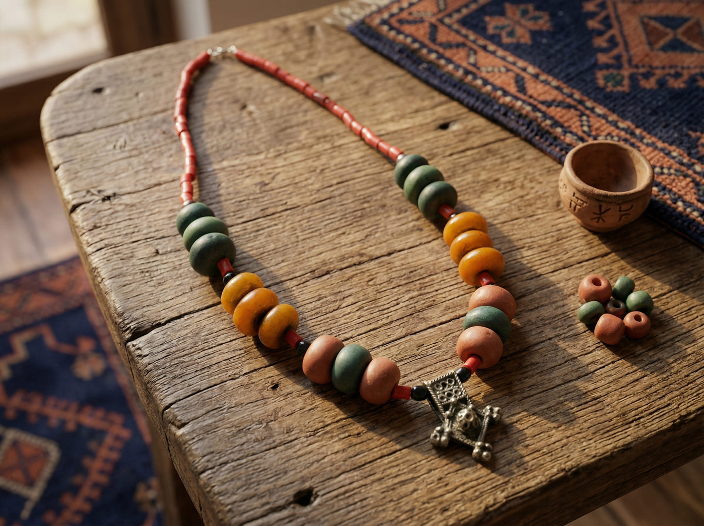 Handmade Berber Necklace – Moroccan Tribal Jewelry with Colorful Beads and Tuareg Cross – Ethnic Boho Statement Piece