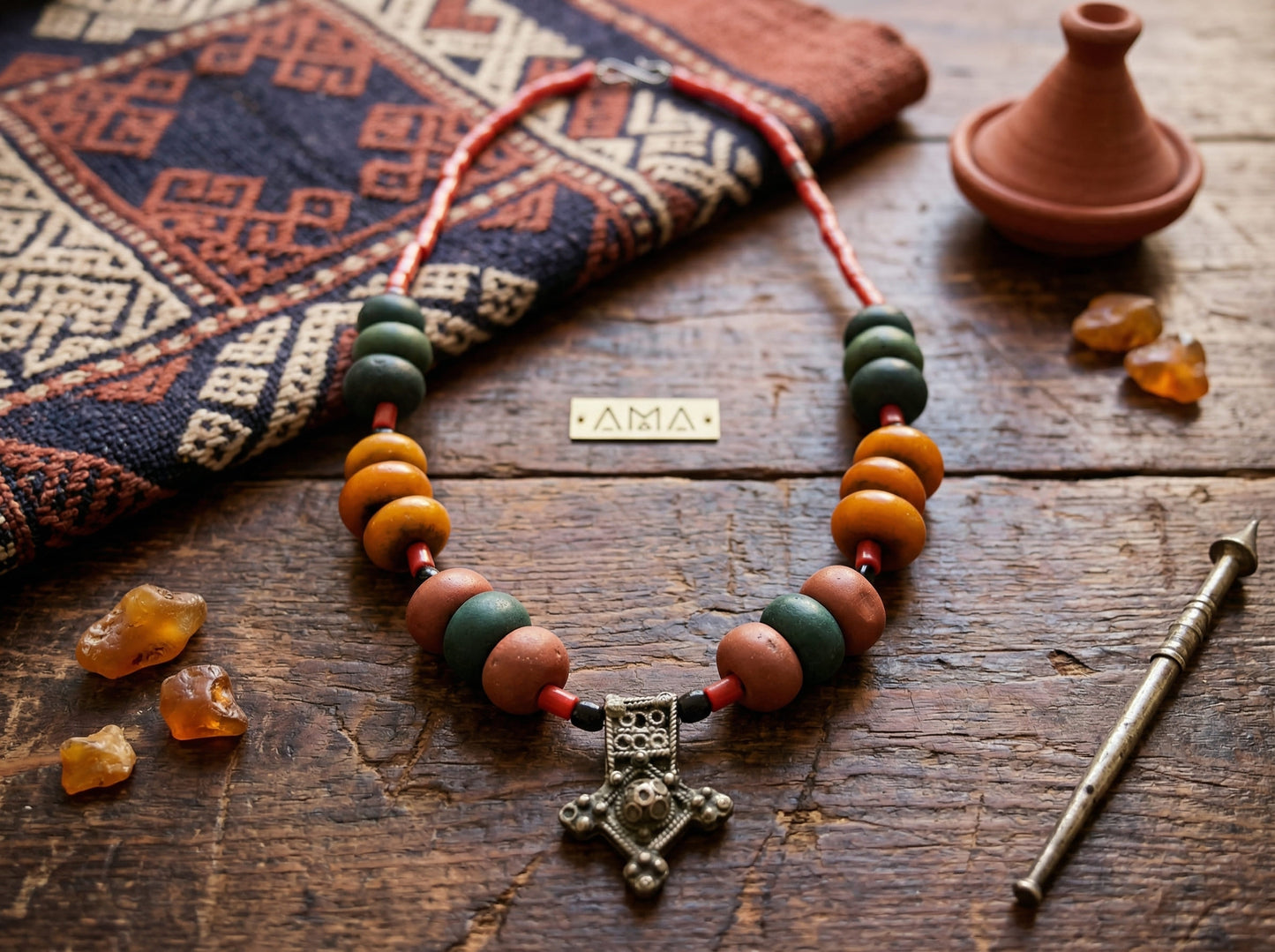 Handmade Berber Necklace – Moroccan Tribal Jewelry with Colorful Beads and Tuareg Cross – Ethnic Boho Statement Piece