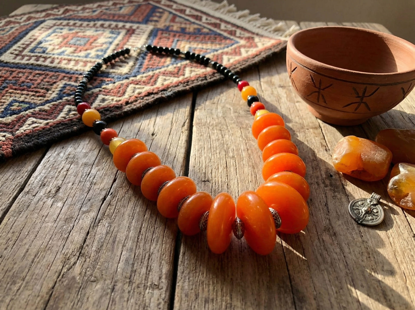 Amber Orange Berber Necklace with Silver Accents