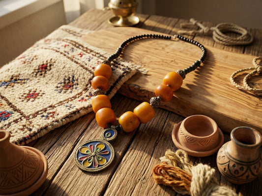 Berber Pendant Necklace with Orange Beads and Enamel Medallion