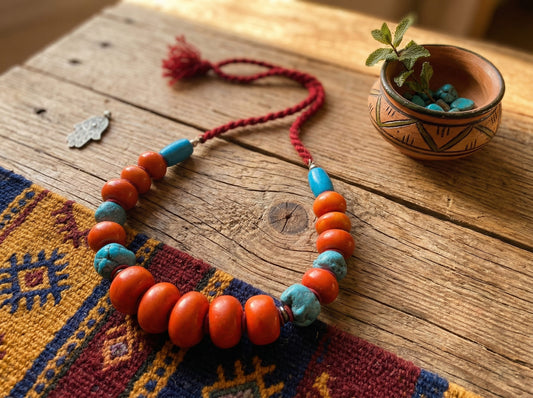 Turquoise and Orange Berber Necklace with Braided Cord