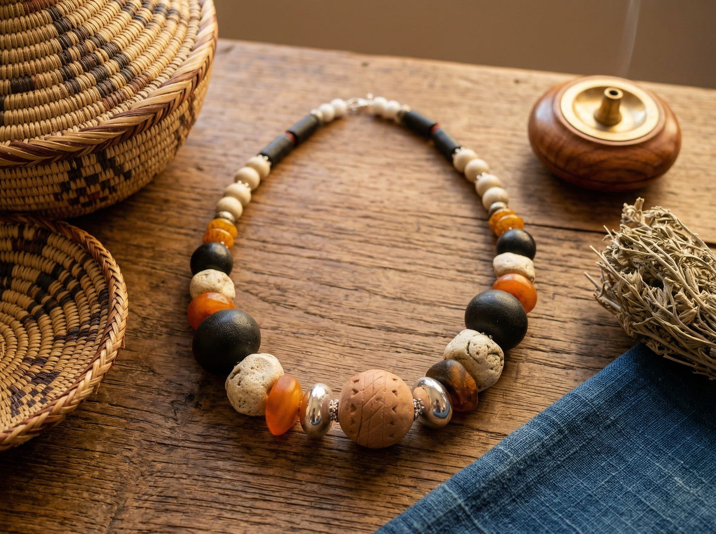 Handmade Berber Necklace – Traditional Moroccan Jewelry with Natural Clay and Stone Beads