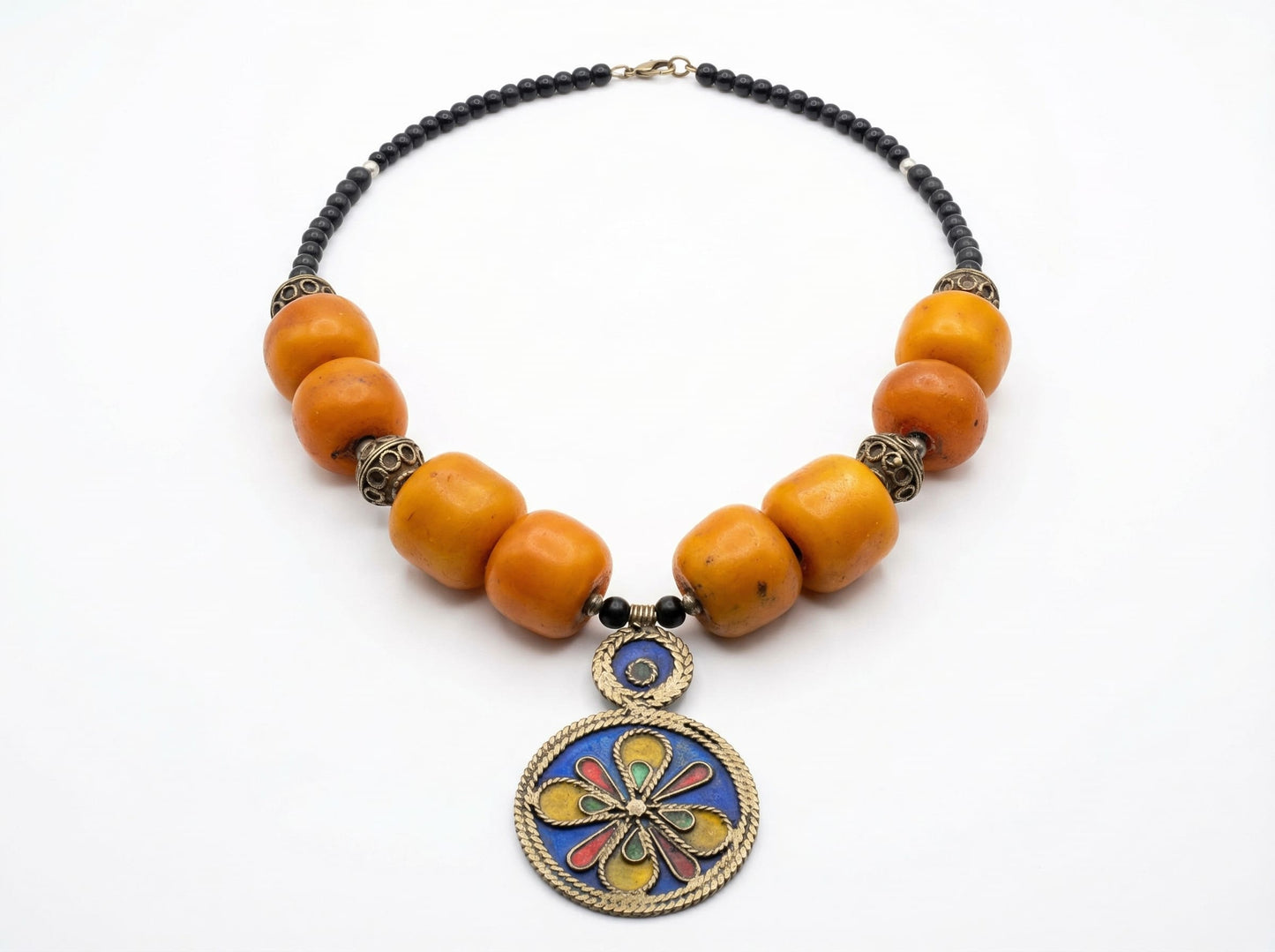 Berber Pendant Necklace with Orange Beads and Enamel Medallion