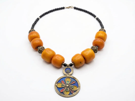 Berber Pendant Necklace with Orange Beads and Enamel Medallion