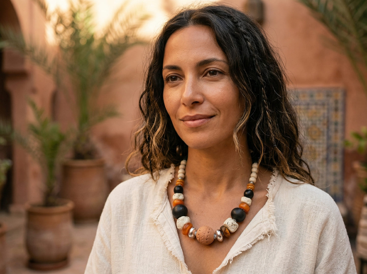 Handmade Berber Necklace – Traditional Moroccan Jewelry with Natural Clay and Stone Beads