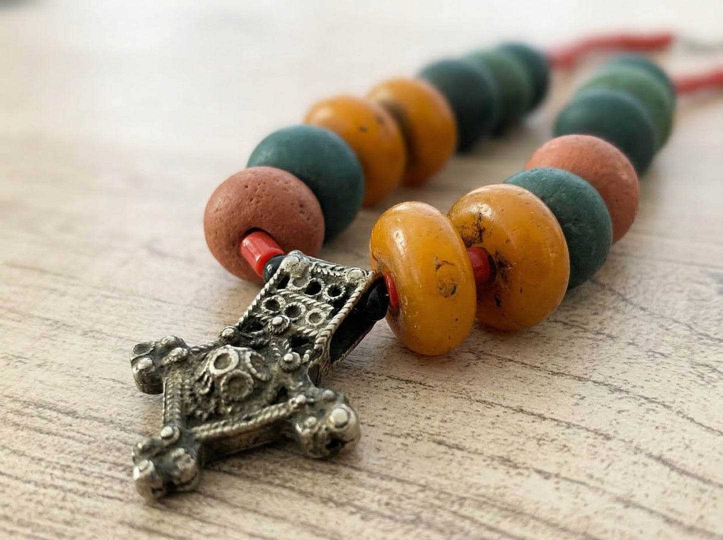 Handmade Berber Necklace – Moroccan Tribal Jewelry with Colorful Beads and Tuareg Cross – Ethnic Boho Statement Piece