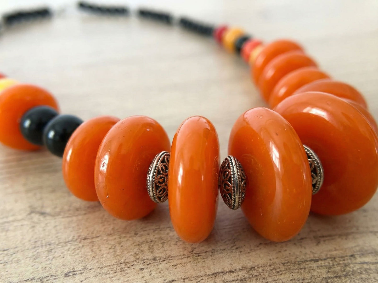 Amber Orange Berber Necklace with Silver Accents